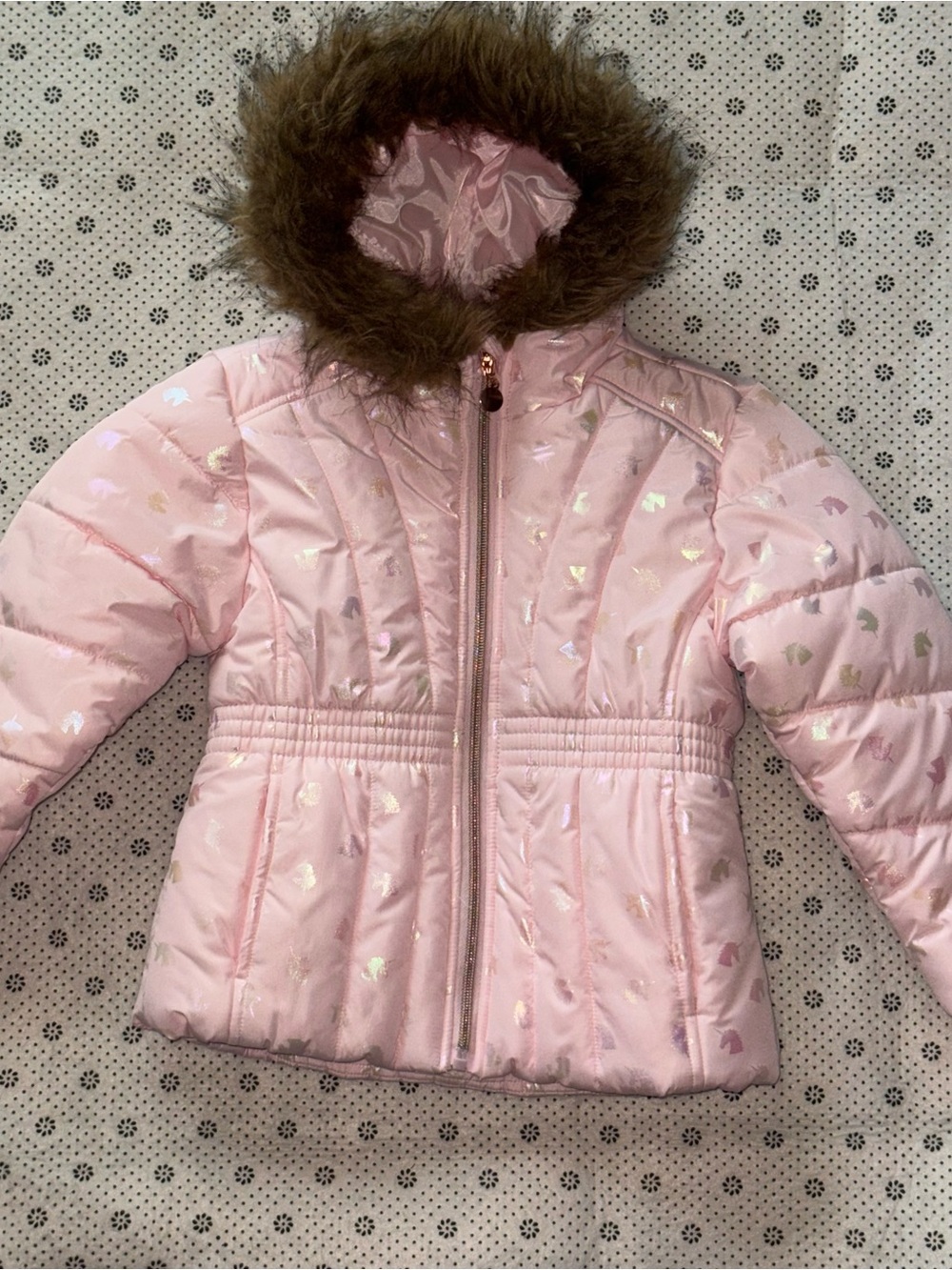 Pink Girls' Hooded Puffer Jacket with Faux Fur Trim